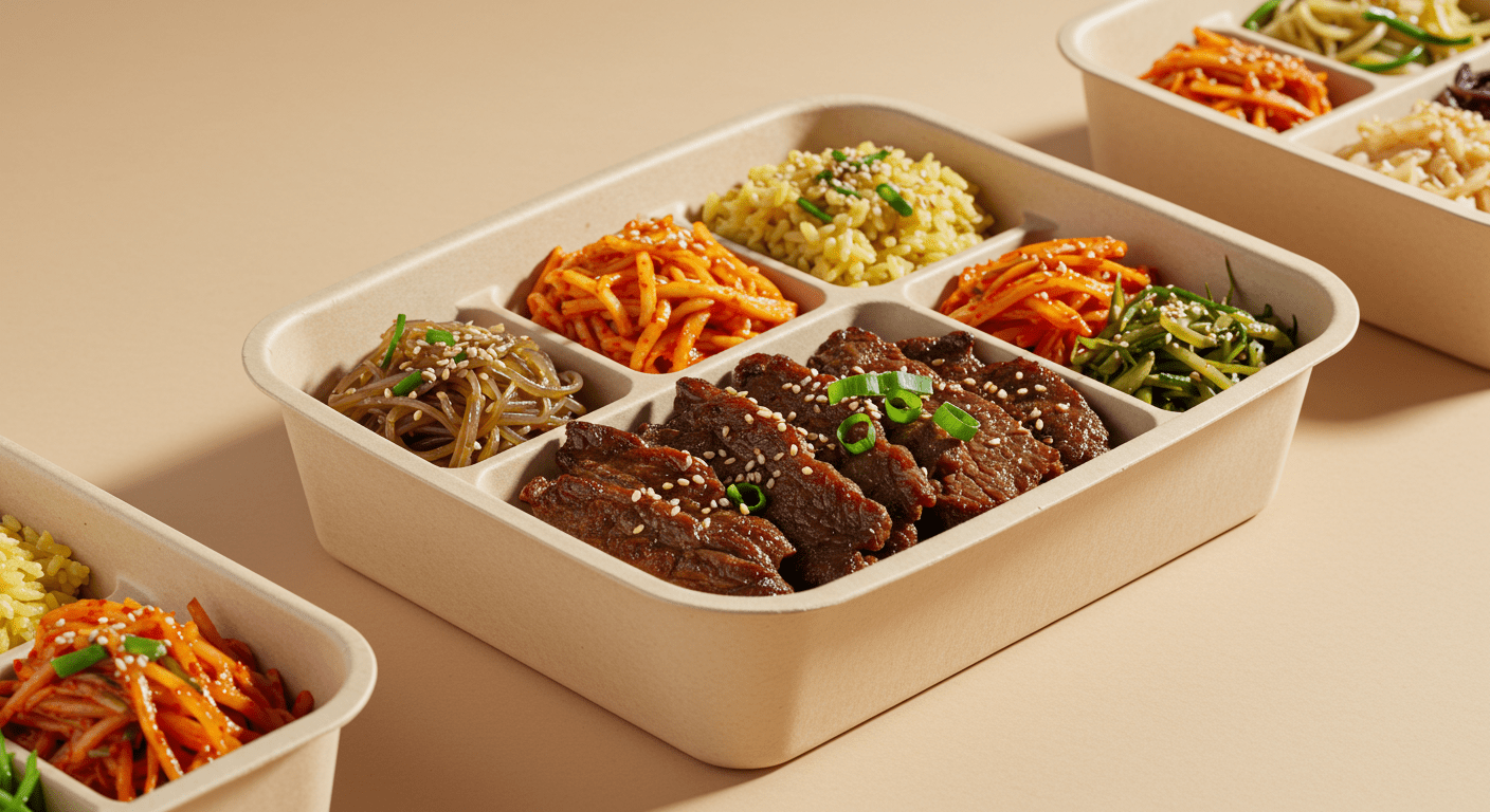 뉴저지 은하수 케이터링의 한식 도시락 구성 — 밥, 반찬, 고기 요리 등 신선하게 준비된 단체 및 오피스용 도시락